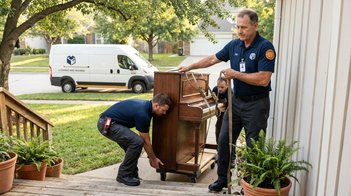 Licensed piano movers securing grand piano in Newton, GA