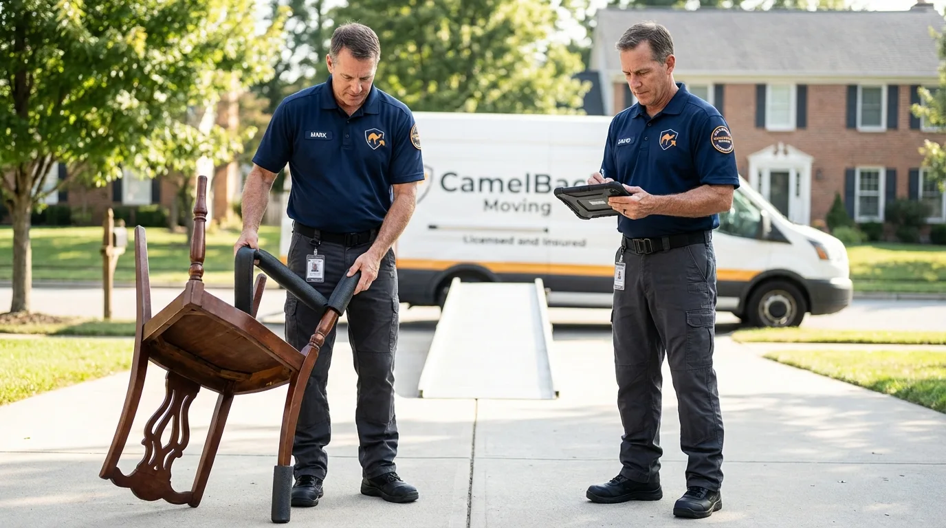 Movers inspecting furniture for damage prevention before loading in Newton, GA