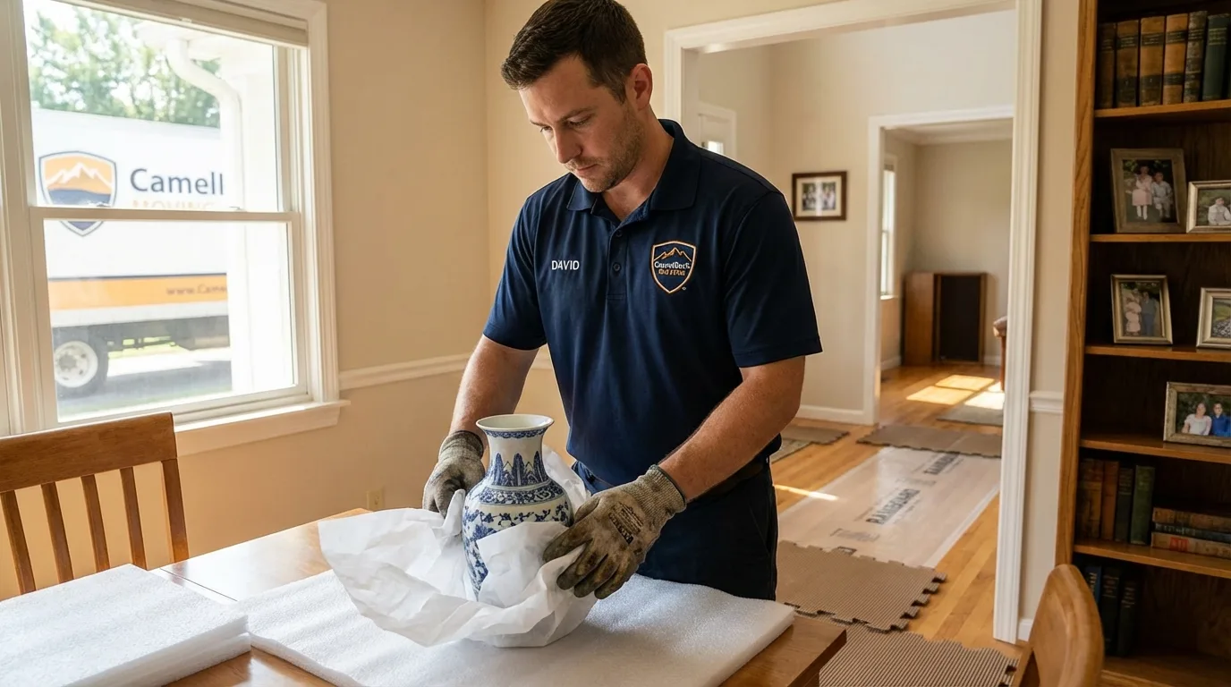 Professional crew carefully wrapping antique vase for senior downsizing move in Newton, GA